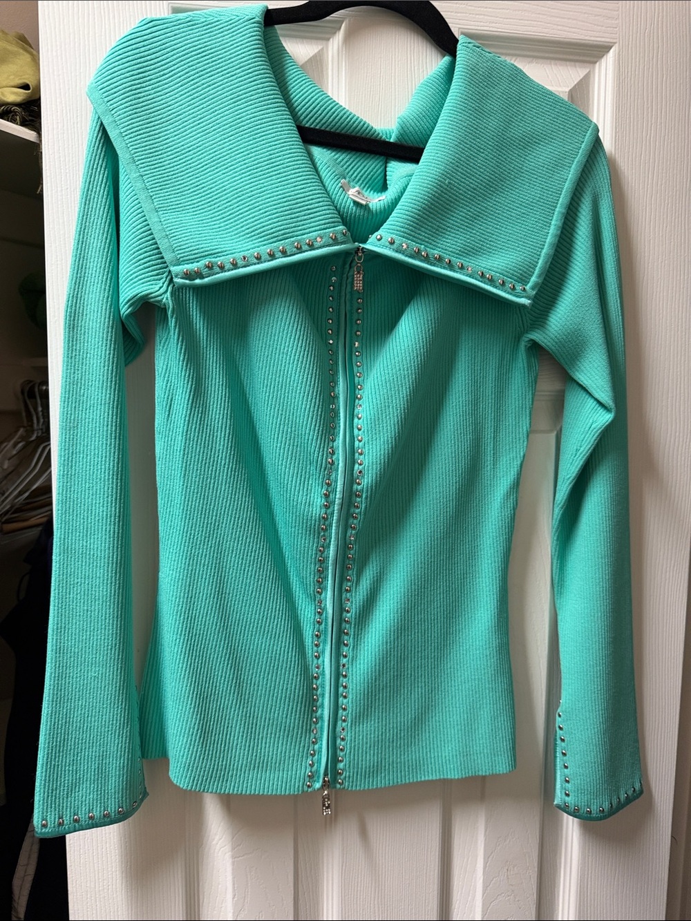 Cache Aqua Ribbed Sailor-Collar Zip Top